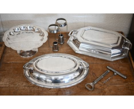 A Victorian epns comport on flared stem, to/w two entrée dishes and covers, two candleshade supports and a corkscrew and bott