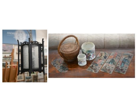 A Chinese carved wood hexagonal ceiling lantern with figural painted glass panels (incomplete, set replaced by textured glass