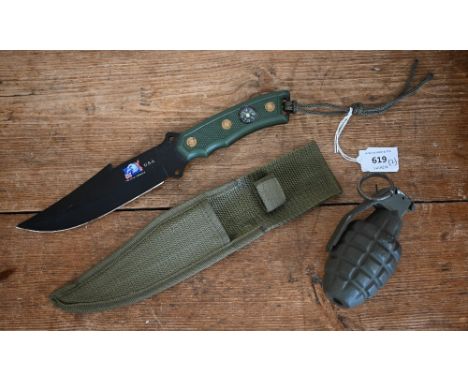 A US RFX M21 training grenade to/w a hunting knife with compass-inset handle and webbing sheath (2) 