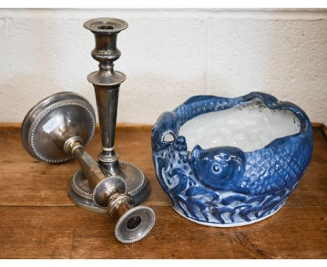 An Asian ceramic bowl decorated with carp, 13 cm high to/w a pair of epns baluster candlesticks (3) 