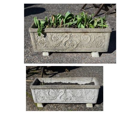 A pair of weathered cast stone rectangular garden planter troughs, 83 cm long (2) 