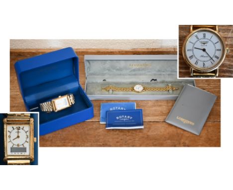A lady's gilt metal 'Presence' quartz wristwatch - boxed with paperwork (1990) to/w a boxed Rotary wristwatch (2000) (2) 