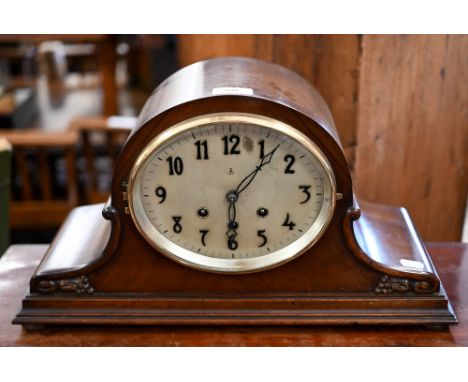 A 1930s German Gustav Becker tambour cased mantel clock, triple train movement striking/chiming on five-rod gongs, 48 x 16 x 