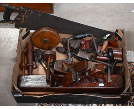 A selection of vintage joiner's tools, including Jack-plane, moulding planes, braces, panel saw etc (box) 