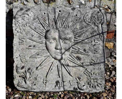 A weathered cast stone sundial plaque, 50 cm x 54 cm 