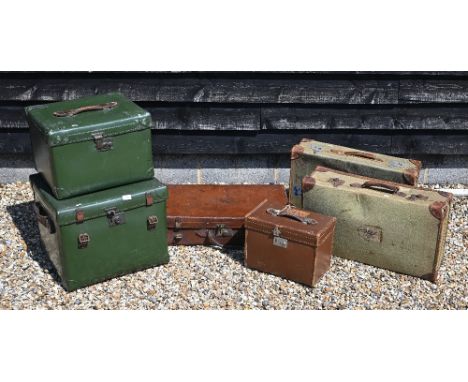 A vintage leather suitcase by A Davis &amp; Co, the Strand, London to/w two military issue leather-trimmed canvas cases, a le