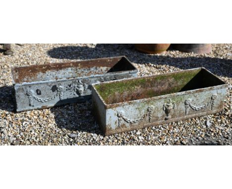 A pair of cast iron Regency style trough planters with vase and garland decoration, 60 cm x 20 cm x 15 cm h (2) 