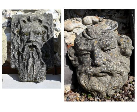 A composite stone 'Green man' water spout plaque to/w a similar wall pocket planter (2) 