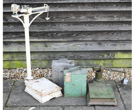 A vintage cast iron platform scale to/with a counter top platform scale, a Shell Aviation Spirit petrol can with shell brande