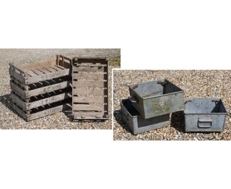Five Vintage 'W. B. Layman' wooden apple crates, 76 cm w x 45 cm d x 16 cm h to/w three galvanized planters 'Adaptors' (8) 