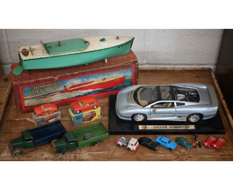 A vintage boxed Hornby clockwork Speedboat 'Swift' to/w two Tri-ang Minic trucks (a/f), a boxed Corgi 225 Austin Seven (Mini)