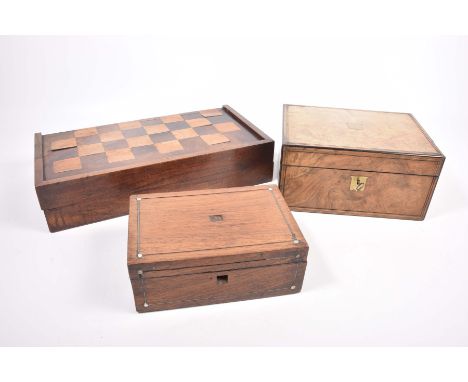 A collection of three wooden boxes, mid 19th Century onwardsThe first to include a mahogany and brass inlaid writing slope, l