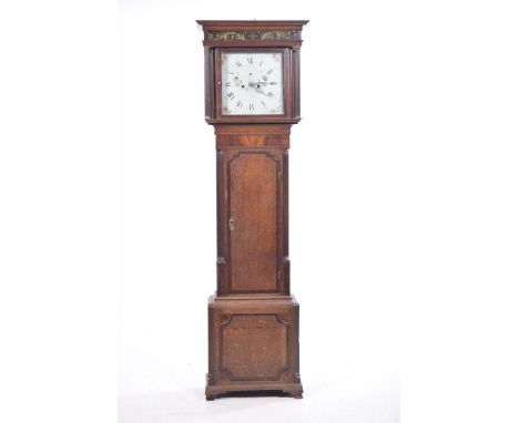 A George III oak and mahogany cross banded long case clock, J Richardson, WeaverhamWith a moulded cornice above a gilt painte