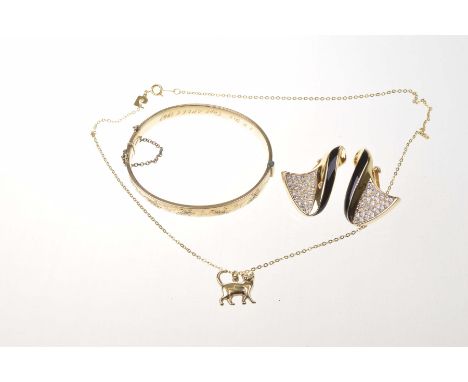 Christian Dior ear clipsSigned to reverse, together with a 9ct gold cat pendant to a base metal chain, a gold plated and insc