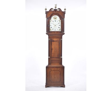 A late Georgian inlaid and mahogany banded oak cased striking 30 hour longcase clock by George Ellis of OakengateThe hood fea