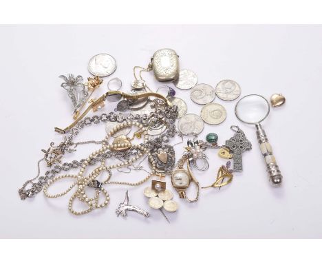 A yellow metal and seed pearl foliate spray broochTogether with, a Tudor yellow metal manual wind ladies watch, a collection 