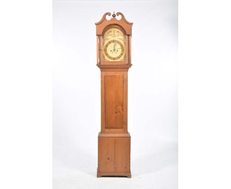 A 18th/19th Century stained pine longcase clockWith a broken swan neck pediment above a break arch 12" painted dial with Arab