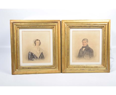 A pair of watercolour portraits of a Lady and Gentleman dated 1844Lady wearing traditional clothing and bonnet, gentleman in 