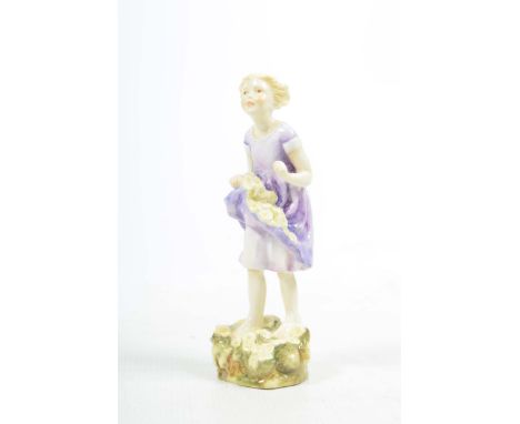 A Royal Worcester figurine, 'The First Cuckoo'The young girl modelled wearing a lilac dress, carrying a collection of blooms,