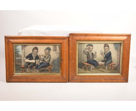 Two coloured engravings of comical scenes mid to late 19th CenturyThe first depicting boy playing a flute, his friend with hi