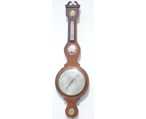 A mahogany cased banjo barometer, mid 19th CenturyWith swan neck pediment, damp and dry gauge, thermometer, level, height 108