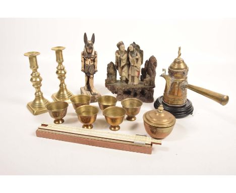 A collection of assorted items To include a soapstone carving of Chinese figures, Egyptian statue of Anubis, pair of brass ca