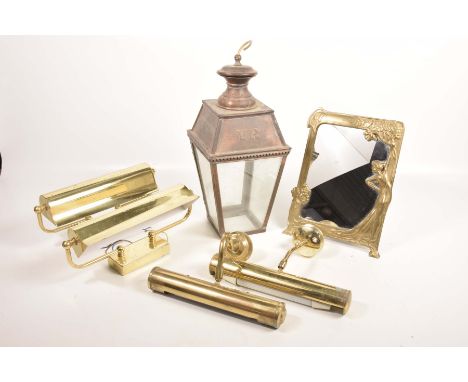 A collection of copper and brassware 20th CenturyTo include an Art Nouveau style wall mirror, copper Victorian gas lamp, four