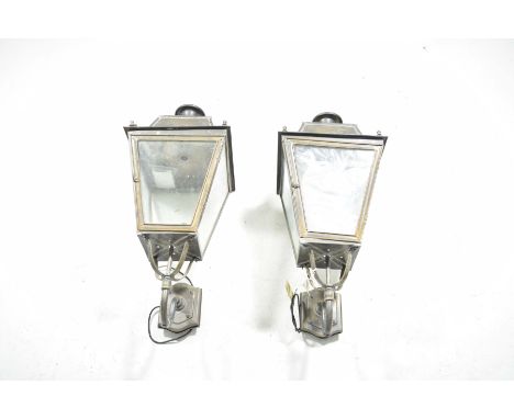 A pair of brass and copper Victorian style wall lights, late 20th CenturyThe lamps in the form of Victorian street lamps with