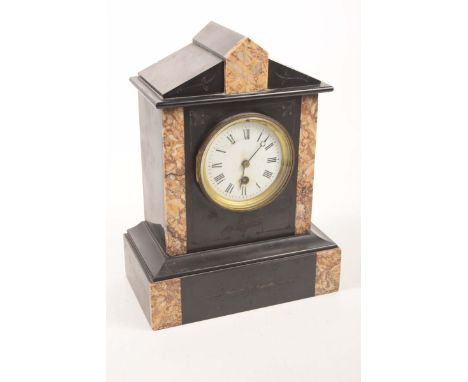 A slate and variegated marble mantel clock, late 19th / early 20th Century 10cm white enamel dial with Roman numerals, the ca