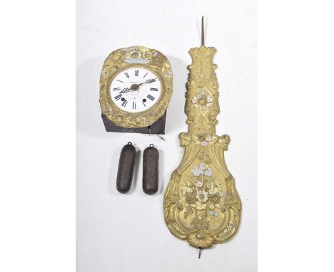 A French eight day gilt brass and painted wall clock, late 19th/early 20th CenturyThe 21cm white enamel dial with black Roman