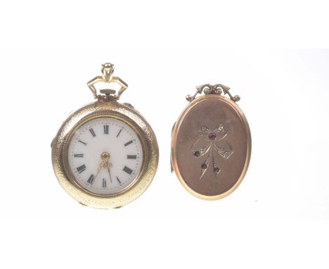 A 14k gold and enamel Ladies keyless wind pocket watchA.f., With pendant bale, white dial and black Roman numerals, together 