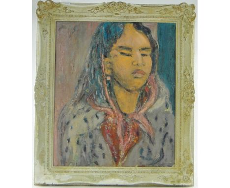 Oil on board, portrait of an Oriental girl, indistinctly signed, 22" x 18", framed.