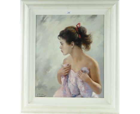 Modern oil on canvas laid on board, portrait of a girl, 24" x 19", framed.