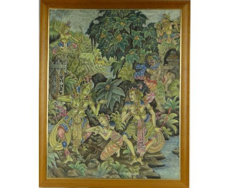 Balinese School
2 acrylics on canvas/linen, a hunting scene signed Agung Gd Wiantara, Ubud 1973, 34" x 26.5" and women bathin