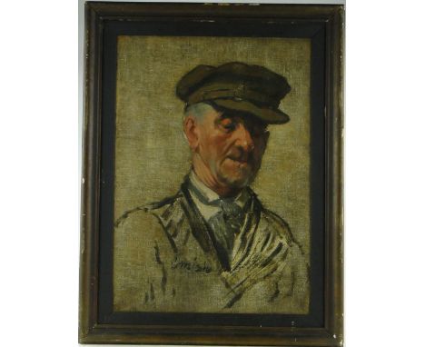 Oil on canvas laid on board, portrait of a man wearing a cap, indistinctly signed Cornish? 28" x 19.5", framed.
