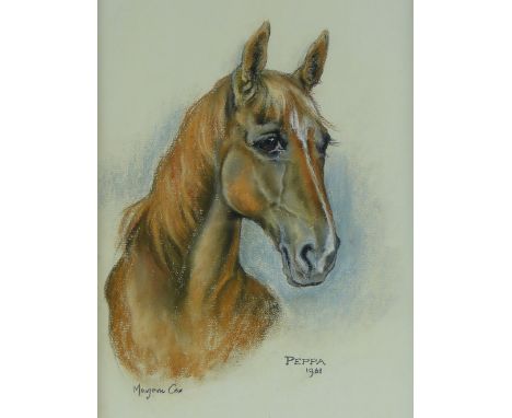 Marjorie Cox
coloured pastels, portrait of a horse, signed and dated 1961, 16.5" x 10.5", framed.