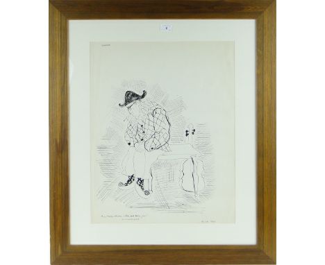 Arnold Daghani (1909-1985)
pen and ink drawing, self portrait as a jester, signed and dated 1969, 24" x 19", framed.