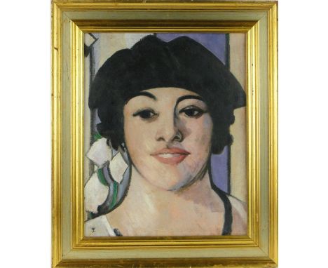 Modern oil on canvas board, head portrait of a girl, 19" x 15", framed.