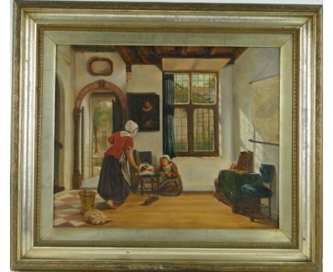 19th century oil on canvas, Dutch interior scene, unsigned, 17" x 20", and 19th century oil on canvas, portrait of a woman, u