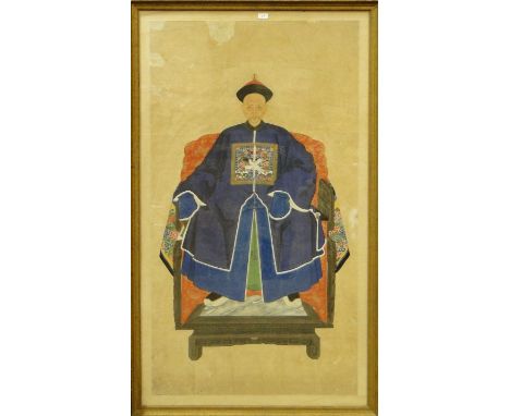 Chinese School
18/19th century watercolour on paper, ancestral portrait of a seated man, unsigned, 57.5" x 31.5", framed. Pro
