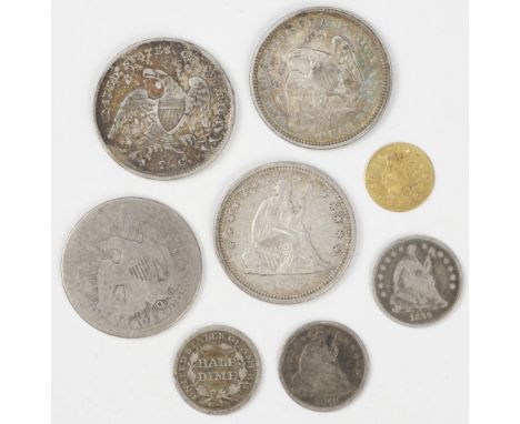 * American Coins. A small collection of coins including, American 1/2 Dollar Cal, 1874, gold coin, together with Quarter Doll