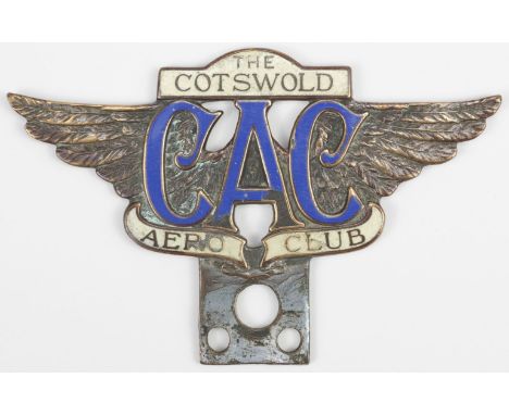 * Car Badge. Cotswold Aero Club, circa 1930s, an early pre-war members' car badge for the aerodrome at Down Hatherley, winged