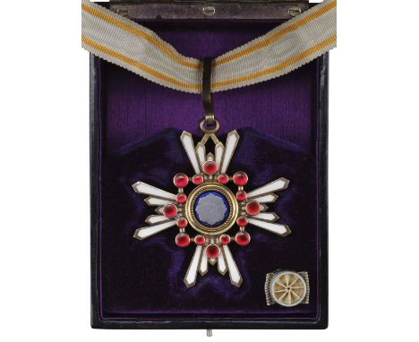 * Japan, Order of the Sacred Treasure, 3rd Class neck badge, silver-gilt and enamel, with neck cravat complete with metal fit