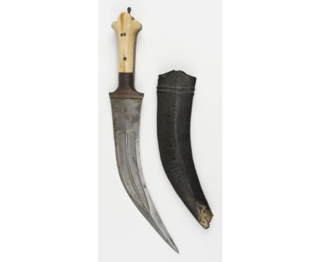 * Dagger. An Indo-Persian dagger, early 19th century, the 24 cm curved steel blade with double fuller, bone handle with steel