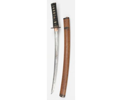 * Wakizashi. A Japanese wakizashi, 19th century (or earlier), the 42 cm curved steel blade (unsigned), with copper habaki, ir