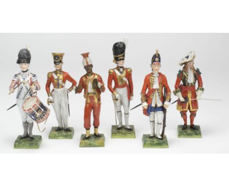 * Dresden Porcelain. A collection of six Dresden porcelain military figures, comprising Officer Coldstream Guards 1660, Drumm