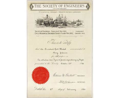 * Johnson (Amy, 1903-1941). The Society of Engineers, for the President's Gold Award issued to Amy Johnson "The attention tha