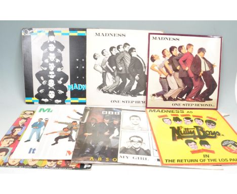 A group of vintage Madness vinyl LP records to include Madness; Work Rest &amp; Play (Stiff ZPGSF 33402), One Step Beyond (St