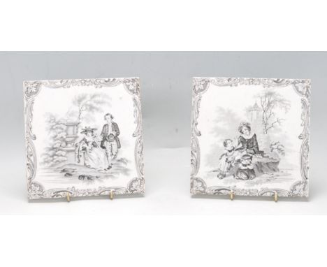 A pair of 19th century antique Victorian Minton tiles circa 1845 of a square form having back transfer print depicting Wattea
