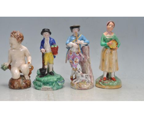 A group of four 19th century and 20th century English and continental ceramic porcelain figurines in the manner of Staffordsh